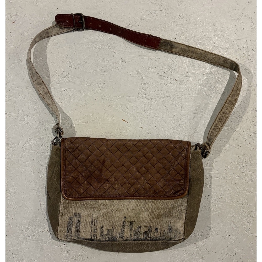 Mona B Upcycled Crossbody Messenger Shoulder Bag Leather & Canvas New York